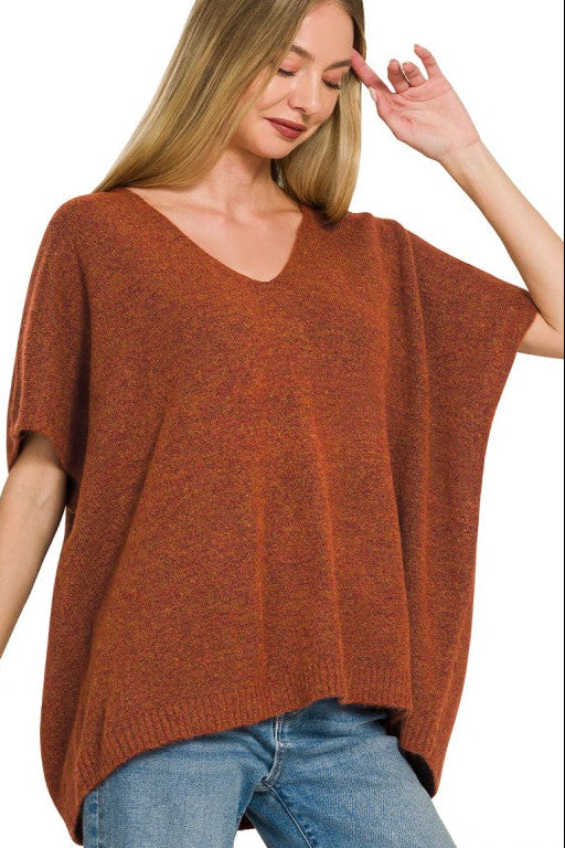 V-Neck Short Sleeve Sweater Top | Heather Rust