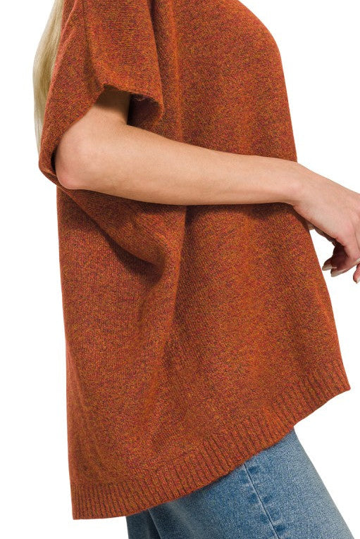 V-Neck Short Sleeve Sweater Top | Heather Rust