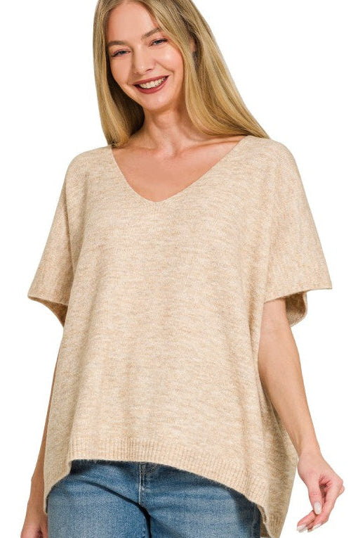 V-Neck Short Sleeve Sweater Top | Heather Beige