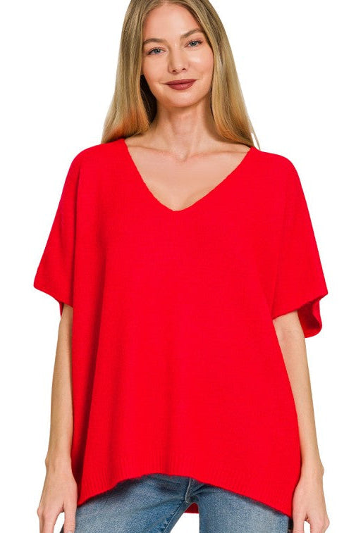 V-Neck Short Sleeve Sweater Top | Red