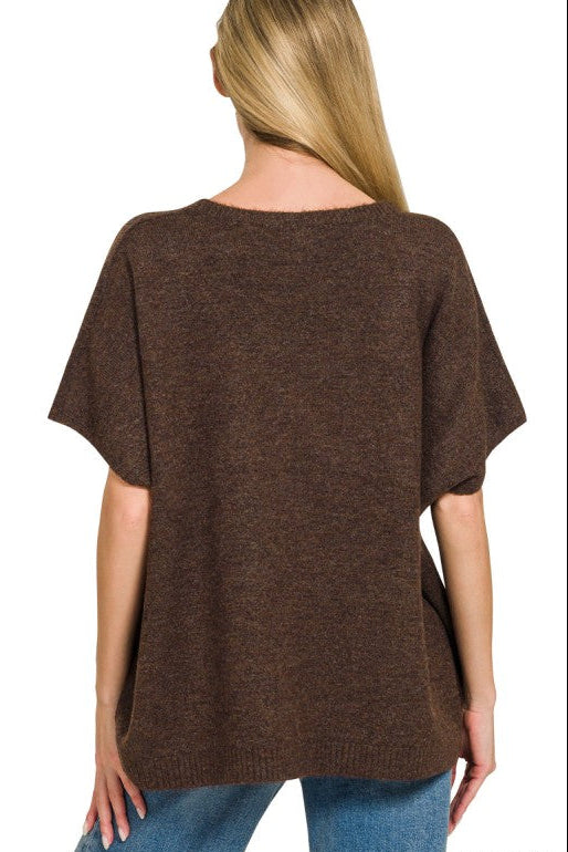 V-Neck Short Sleeve Sweater Top | Dark Brown