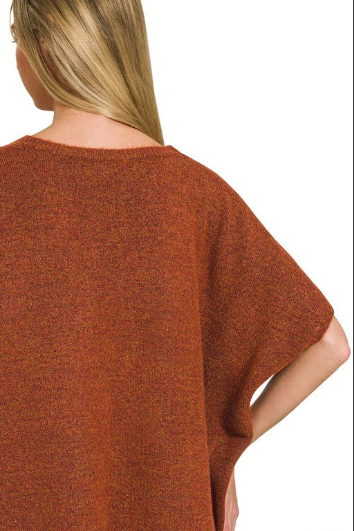 V-Neck Short Sleeve Sweater Top | Heather Rust