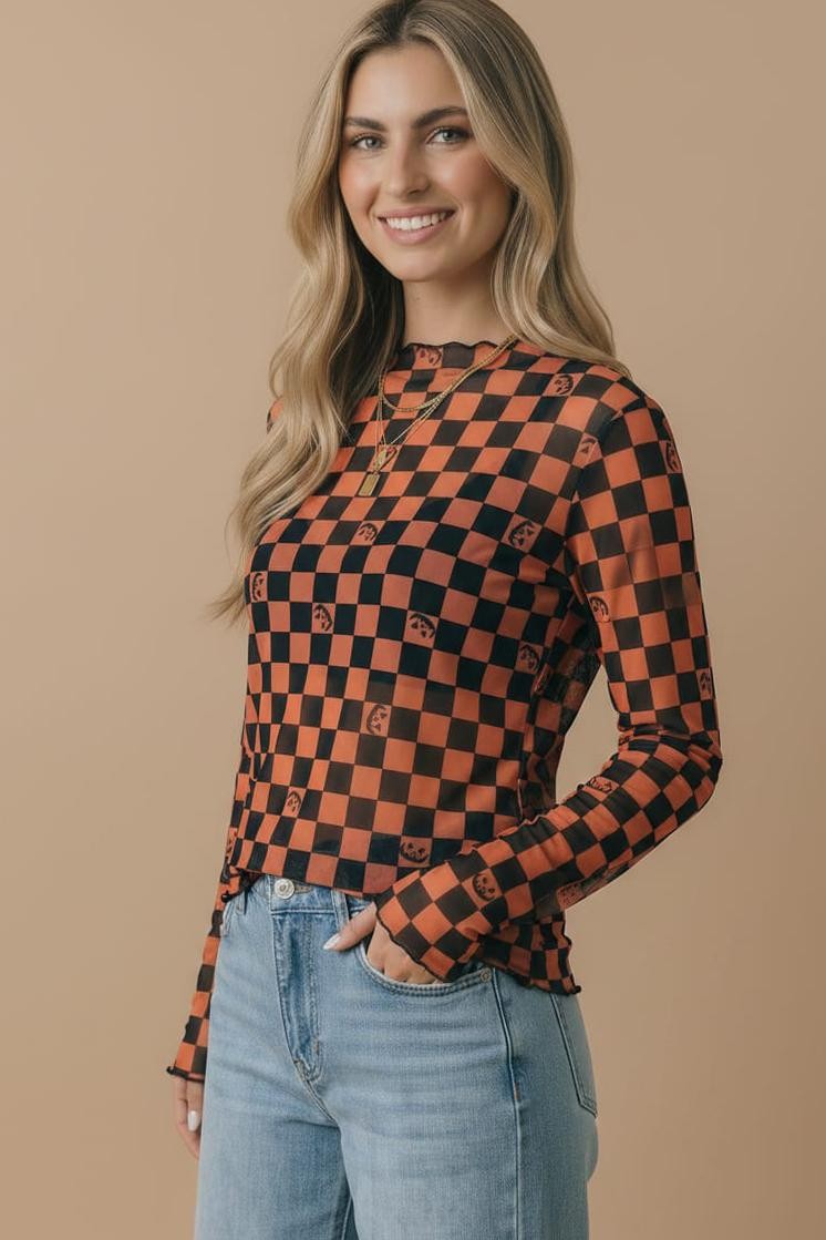 Halloween Pumpkin Checker Mesh Sheer Top | Orange/Black