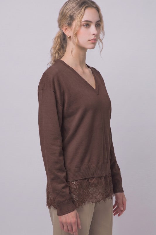 Oversized Lace Hem V-Neck Sweater Top | Chocolate