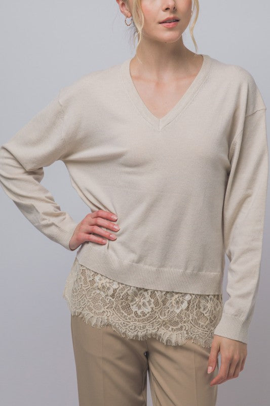 Oversized Lace Hem V-Neck Sweater Top | Oatmeal