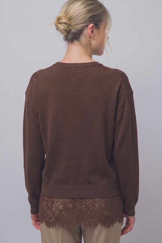 Oversized Lace Hem V-Neck Sweater Top | Chocolate
