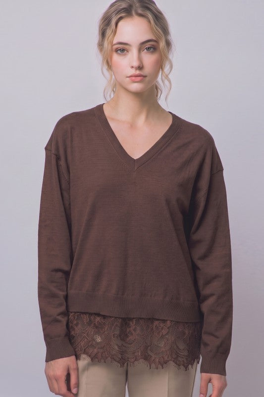 Oversized Lace Hem V-Neck Sweater Top | Chocolate