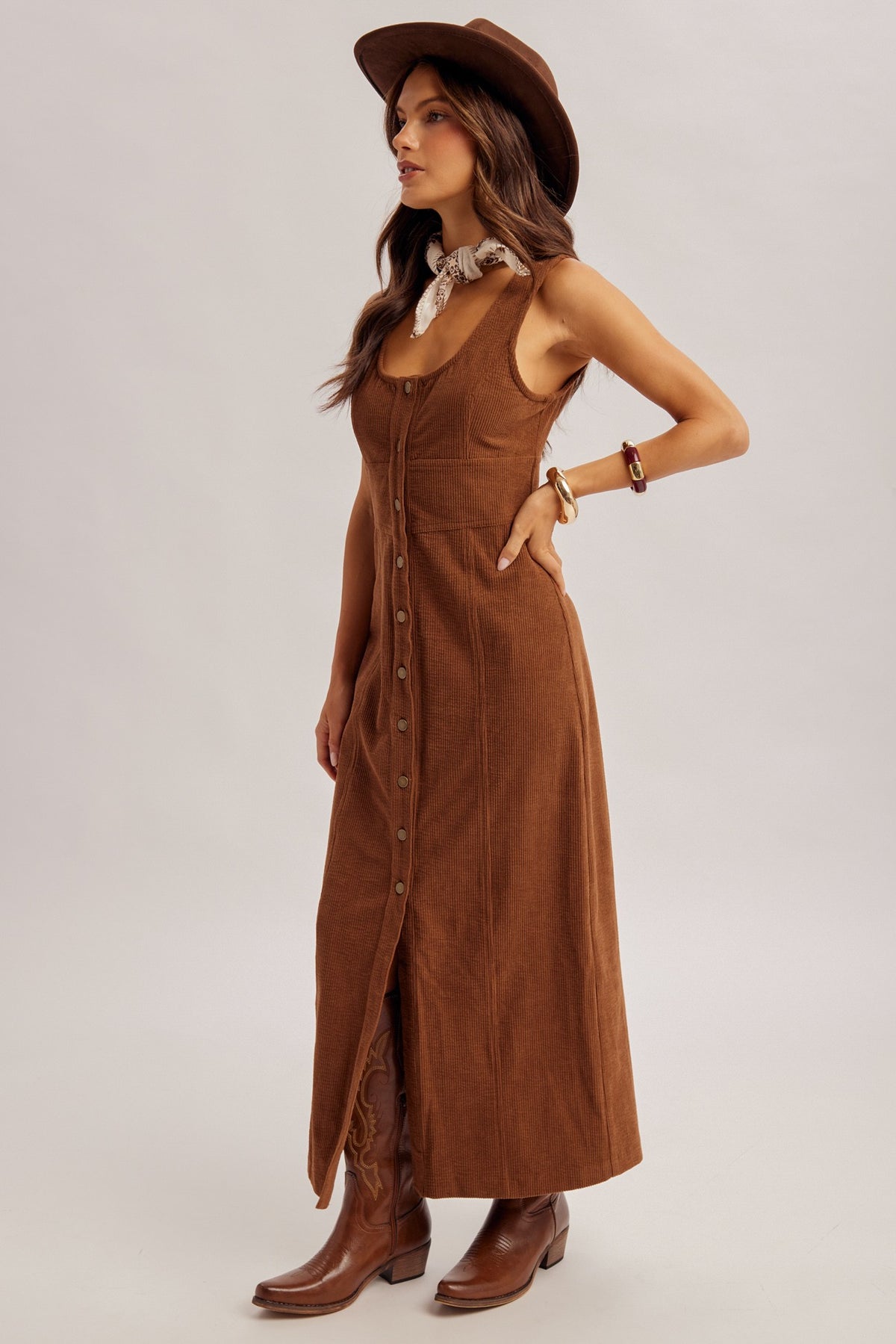 Button Down Corduroy Maxi Dress | Brown