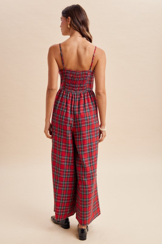 Christmas Check Flannel Wide Leg Jumpsuit | Red