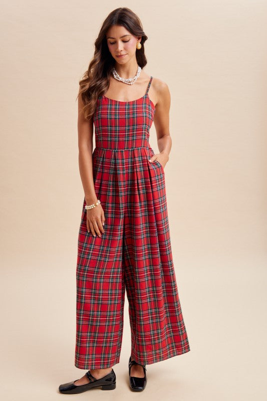 Christmas Check Flannel Wide Leg Jumpsuit | Red