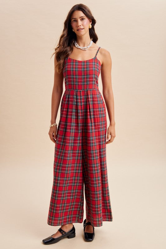 Christmas Check Flannel Wide Leg Jumpsuit | Red