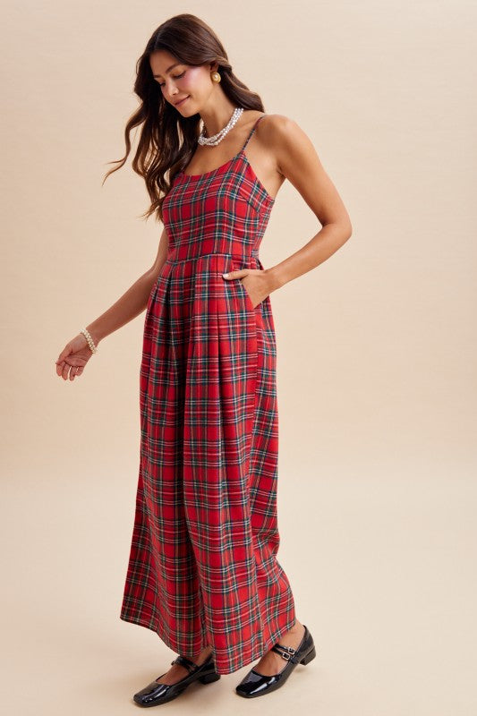 Christmas Check Flannel Wide Leg Jumpsuit | Red