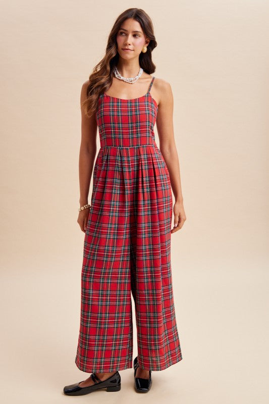 Christmas Check Flannel Wide Leg Jumpsuit | Red