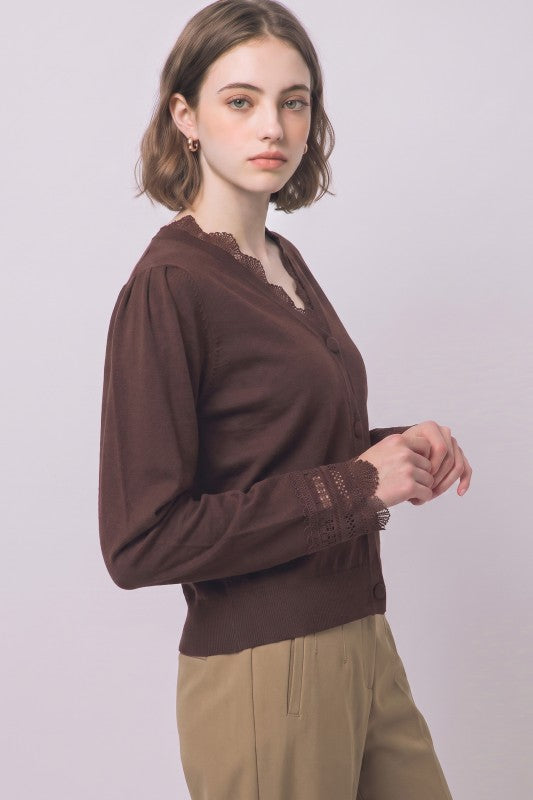 Lace Trimmed Scalloped Knit Cardigan Top | Chocolate