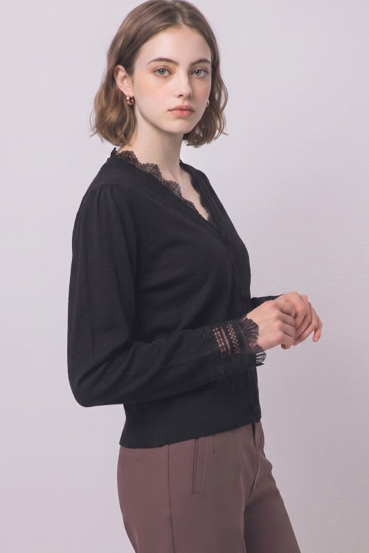 Lace Trimmed Scalloped Knit Cardigan Top | Black