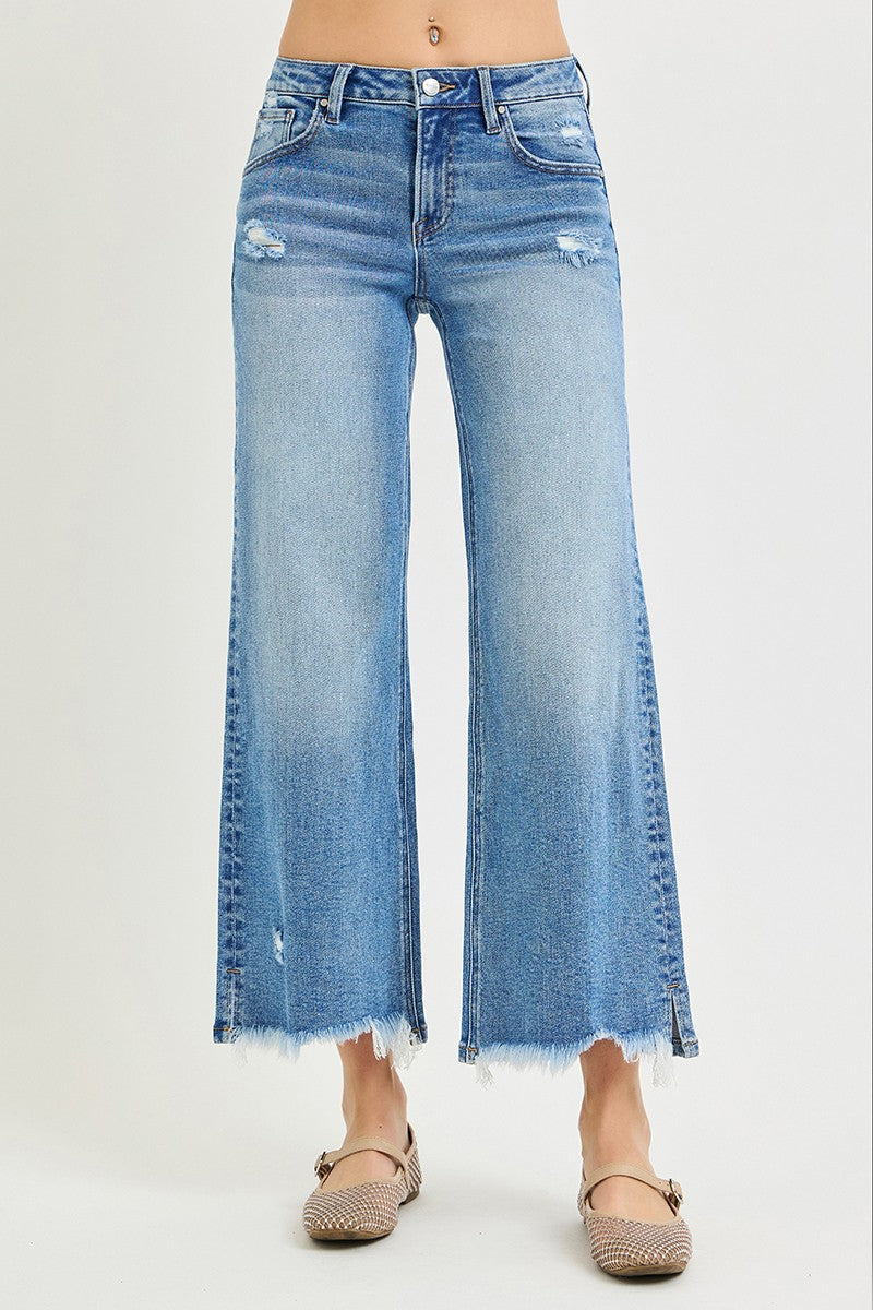 Risen Jeans | Mid Rise Crop Wide Side Slit Fray