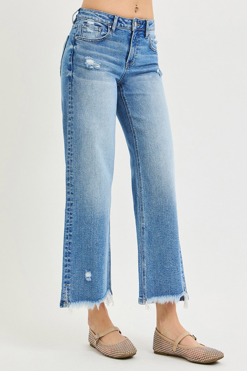 Risen Jeans | Mid Rise Crop Wide Side Slit Fray