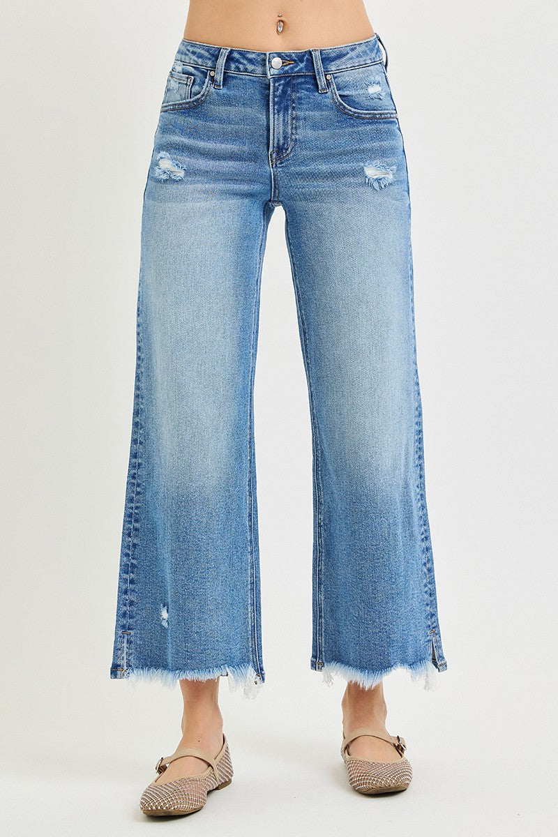 Risen Jeans | Mid Rise Crop Wide Side Slit Fray