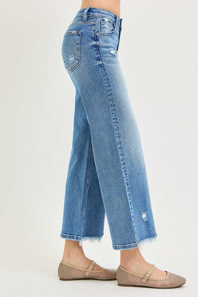 Risen Jeans | Mid Rise Crop Wide Side Slit Fray