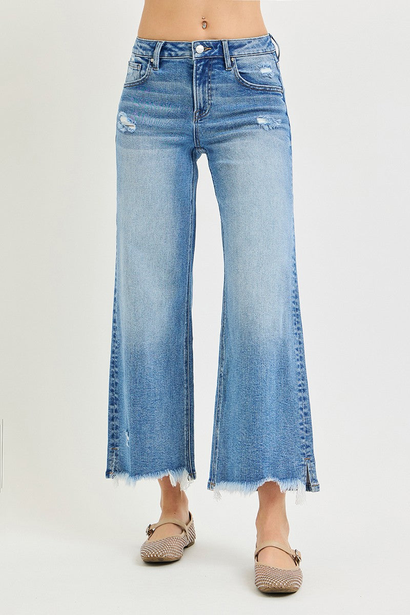 Risen Jeans | Mid Rise Crop Wide Side Slit Fray