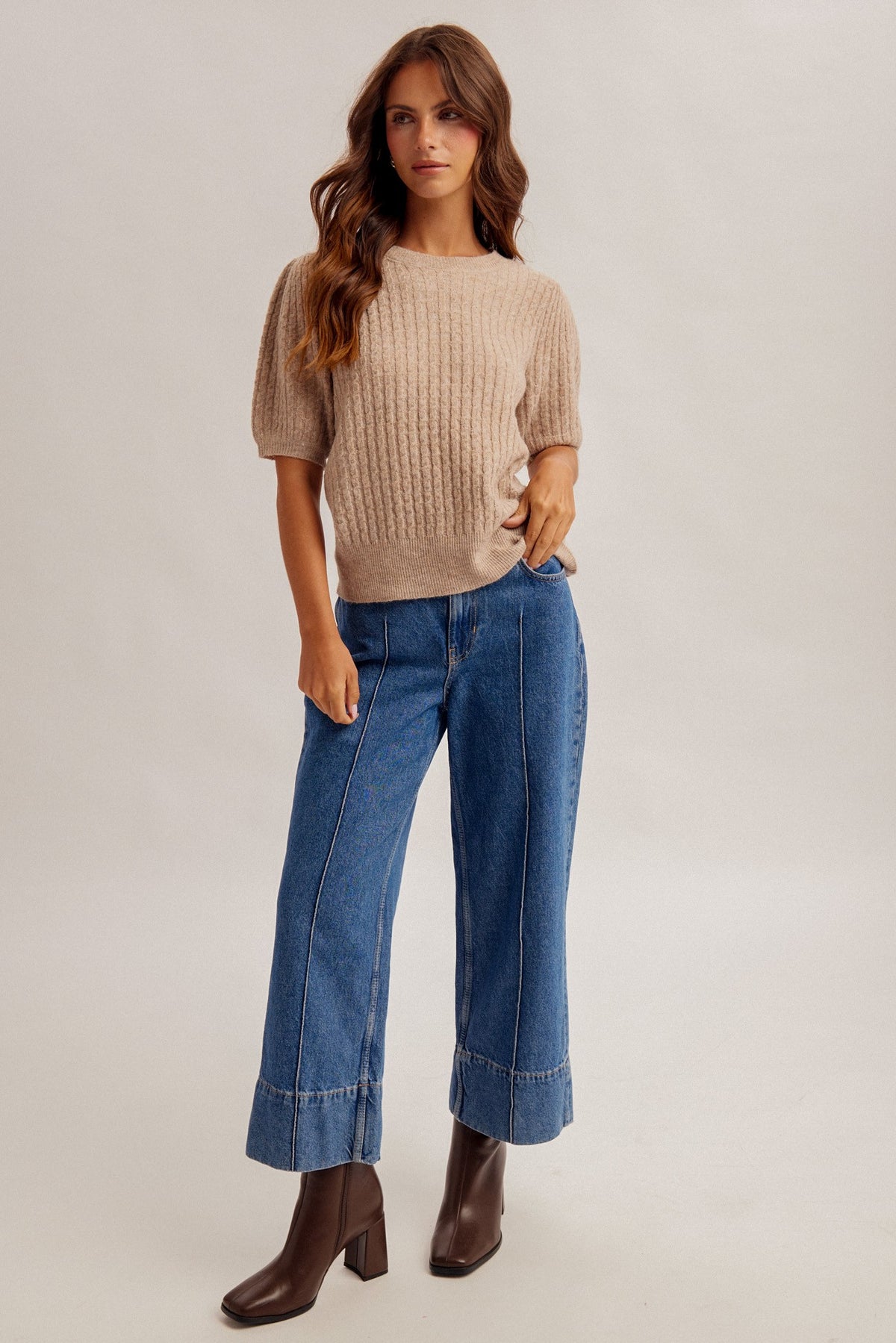 Puff Sleeve Cable Knit Sweater Top | Cocoa