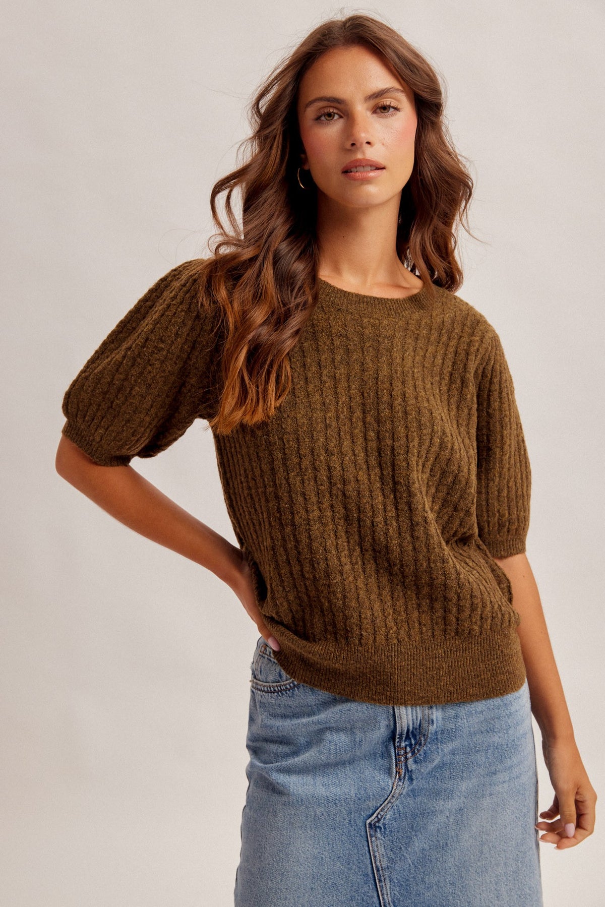 Puff Sleeve Cable Knit Sweater Top | Olive