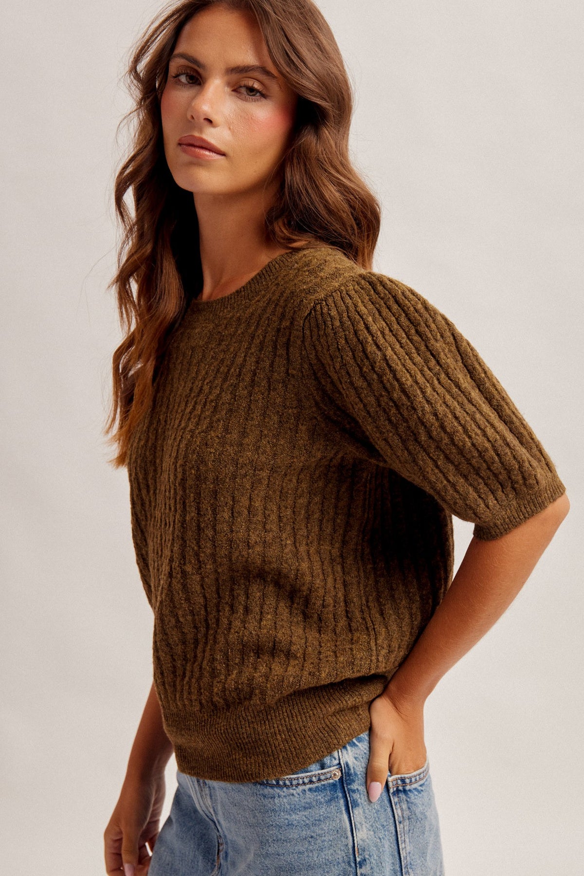 Puff Sleeve Cable Knit Sweater Top | Olive