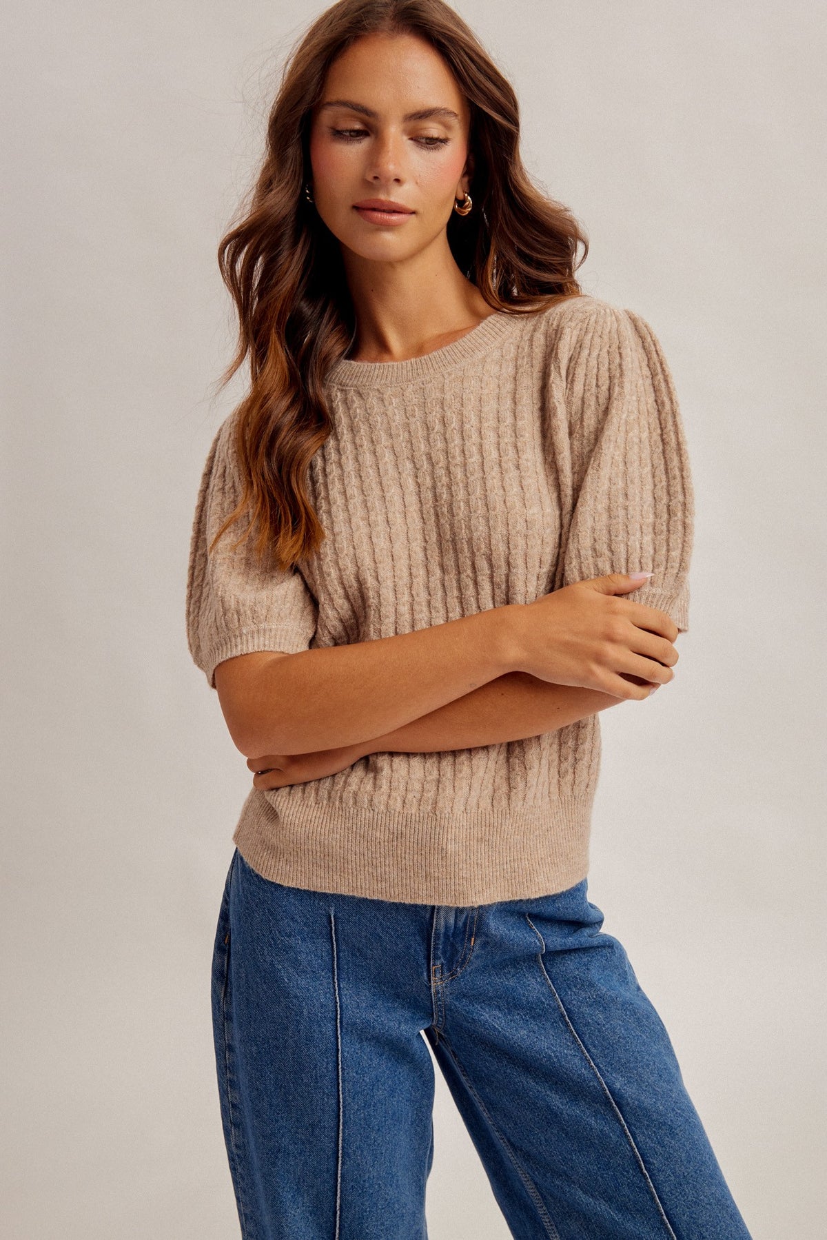 Puff Sleeve Cable Knit Sweater Top | Cocoa