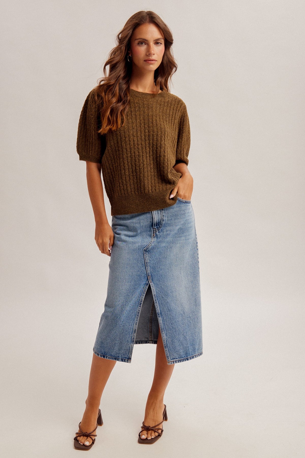 Puff Sleeve Cable Knit Sweater Top | Olive