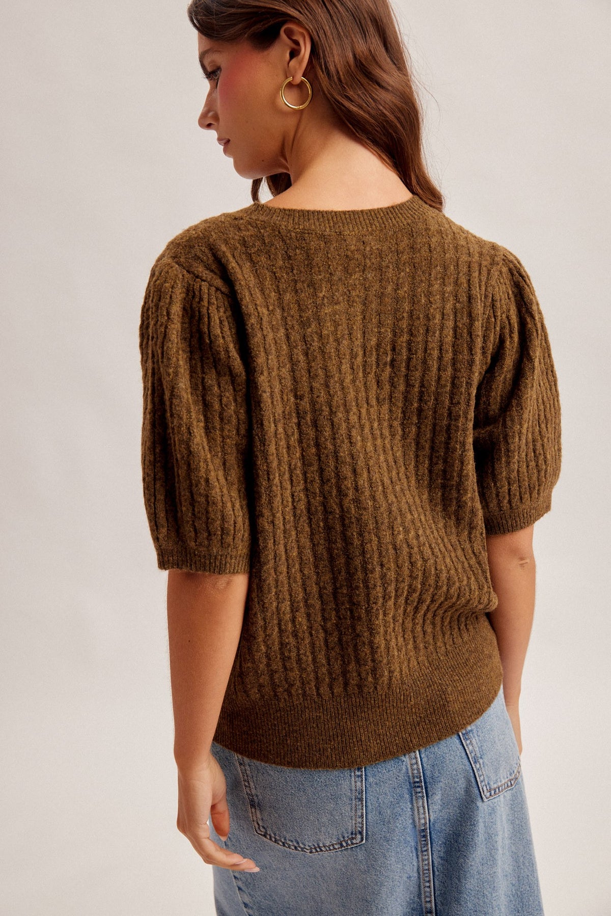 Puff Sleeve Cable Knit Sweater Top | Olive
