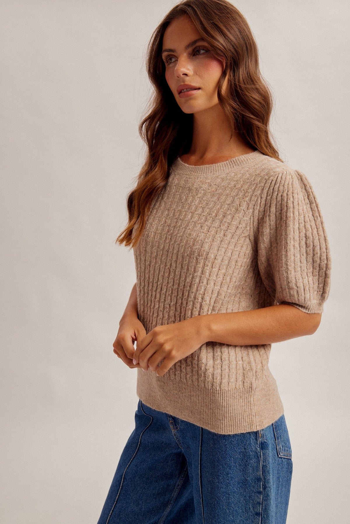 Puff Sleeve Cable Knit Sweater Top | Cocoa