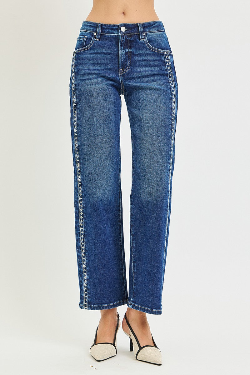 Risen Jeans | Tummy Control Mid Rise Ankle Straight Embroidered Detail