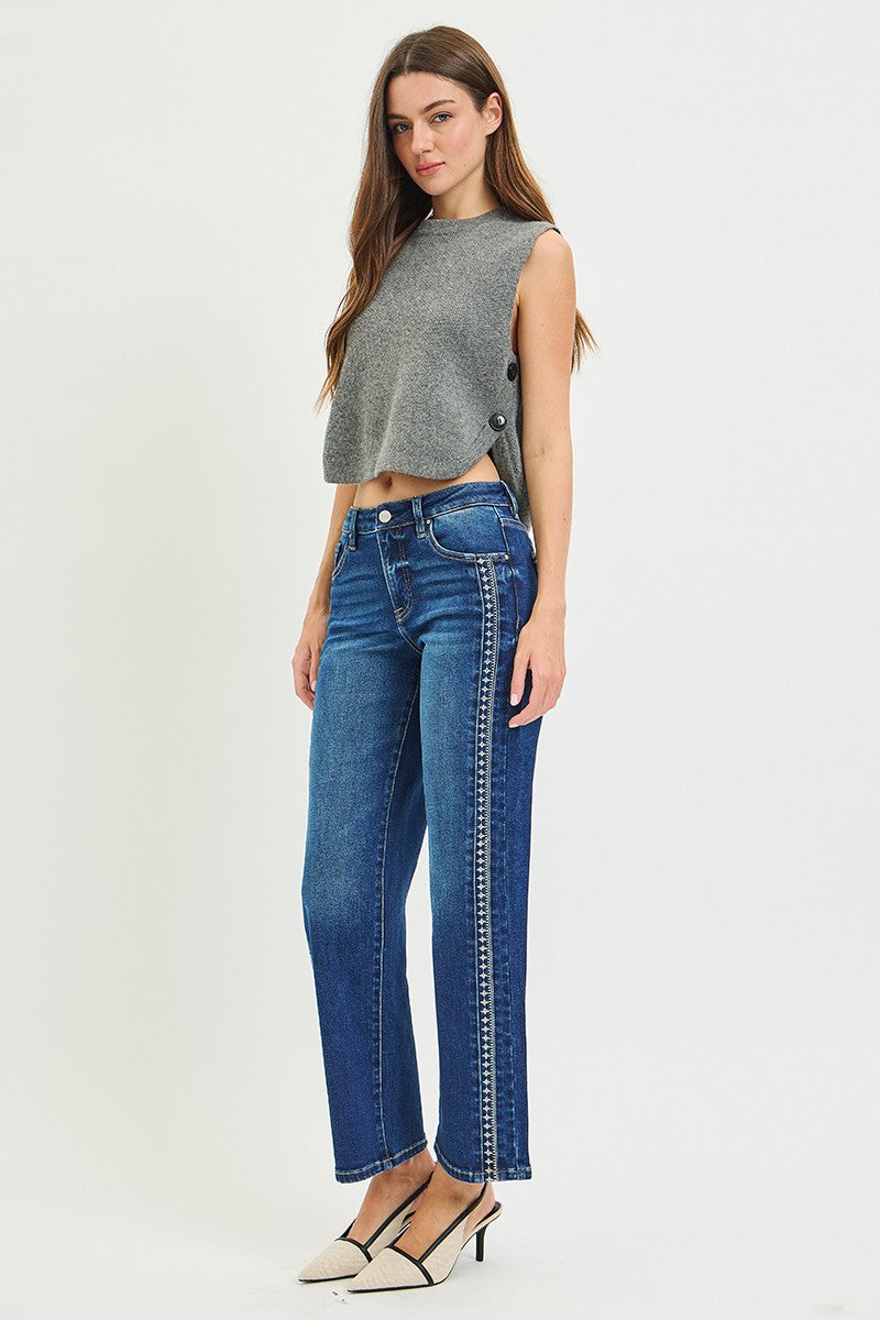 Risen Jeans | Tummy Control Mid Rise Ankle Straight Embroidered Detail