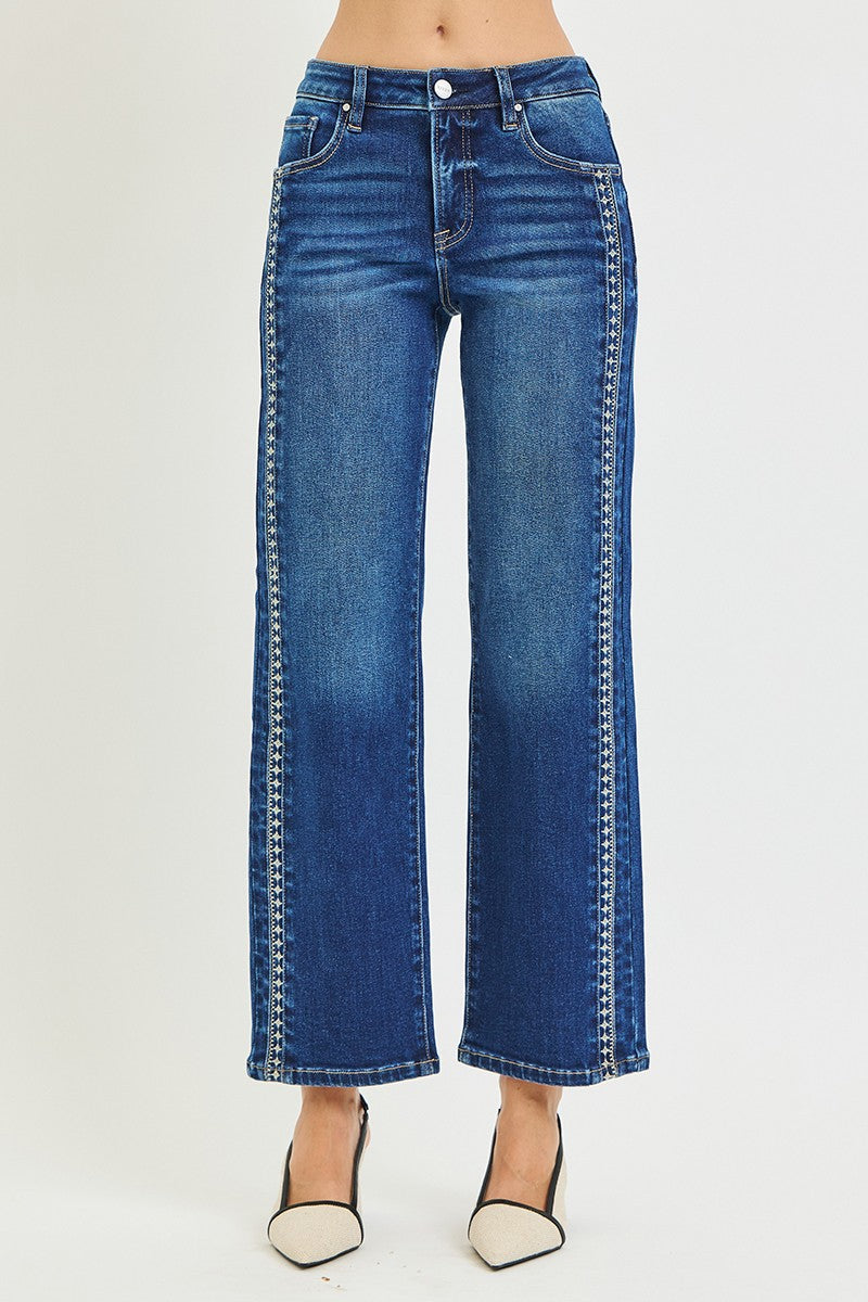 Risen Jeans | Tummy Control Mid Rise Ankle Straight Embroidered Detail