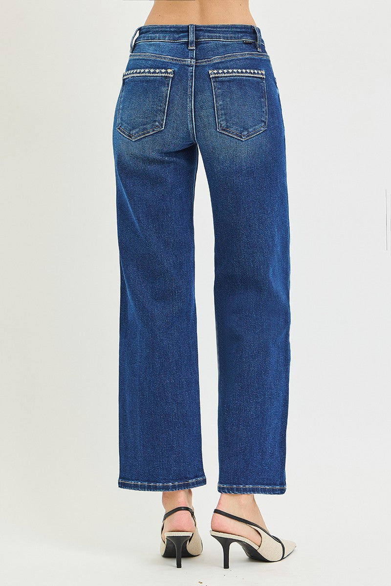 Risen Jeans | Tummy Control Mid Rise Ankle Straight Embroidered Detail
