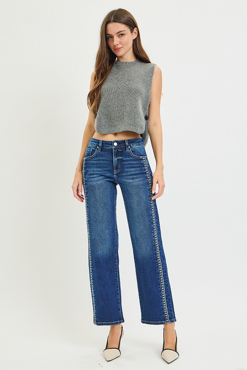 Risen Jeans | Tummy Control Mid Rise Ankle Straight Embroidered Detail