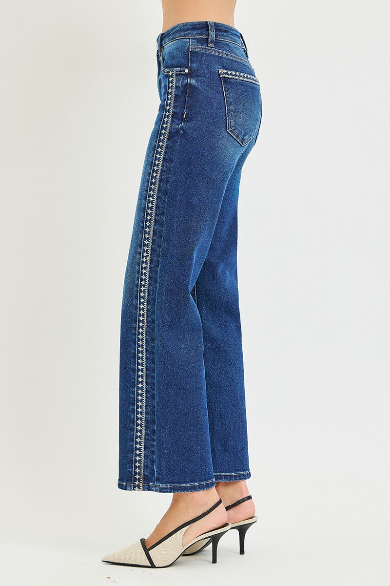 Risen Jeans | Tummy Control Mid Rise Ankle Straight Embroidered Detail