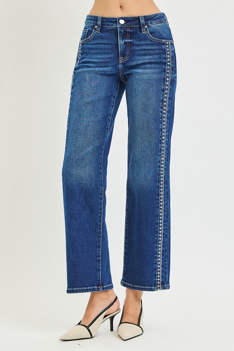Risen Jeans | Tummy Control Mid Rise Ankle Straight Embroidered Detail