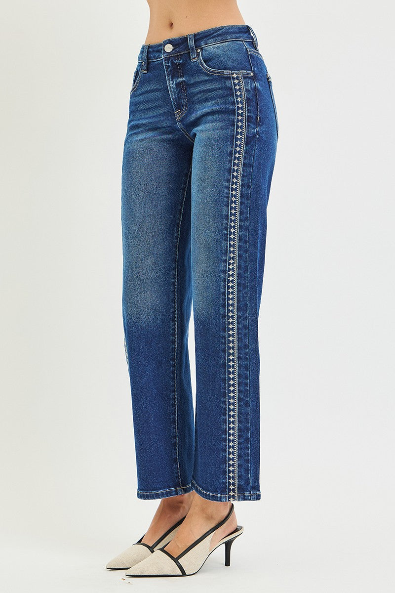 Risen Jeans | Tummy Control Mid Rise Ankle Straight Embroidered Detail