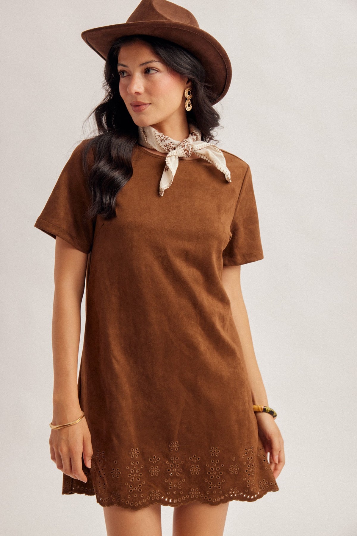 Embroidery Detail Faux Suede Dress | Chocolate