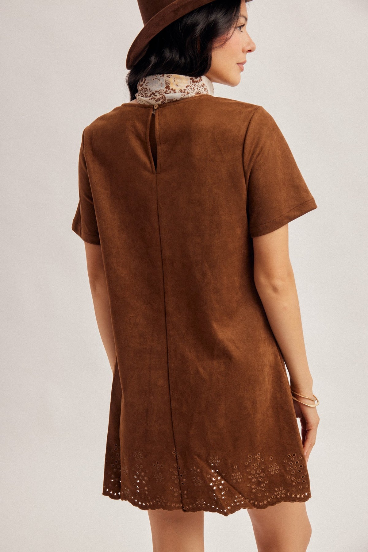 Embroidery Detail Faux Suede Dress | Chocolate