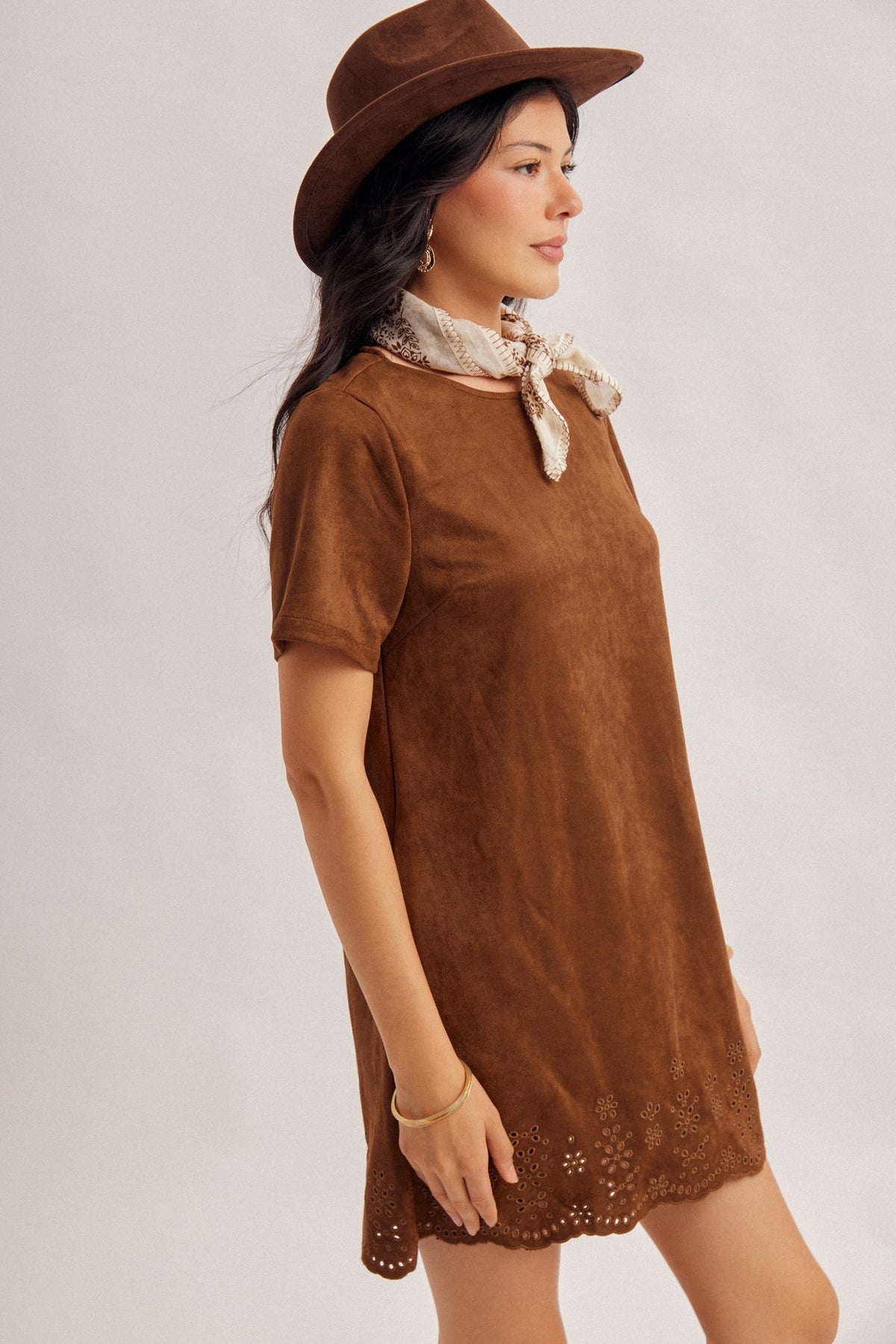 Embroidery Detail Faux Suede Dress | Chocolate