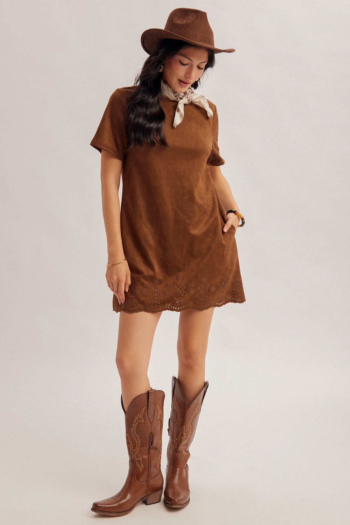 Embroidery Detail Faux Suede Dress | Chocolate