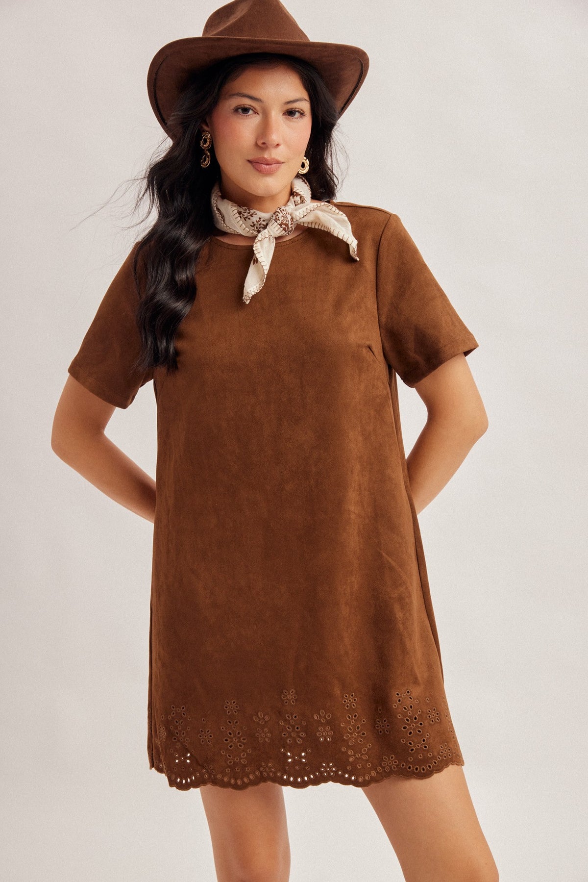 Embroidery Detail Faux Suede Dress | Chocolate