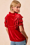 Velvet Pearl Ruffled Front Tie Top | Red