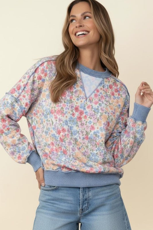 French Terry Floral Top | Blue