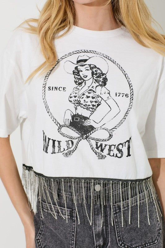Wild West Cowgirl Rhinestone Fringe Crop Top | Ivory
