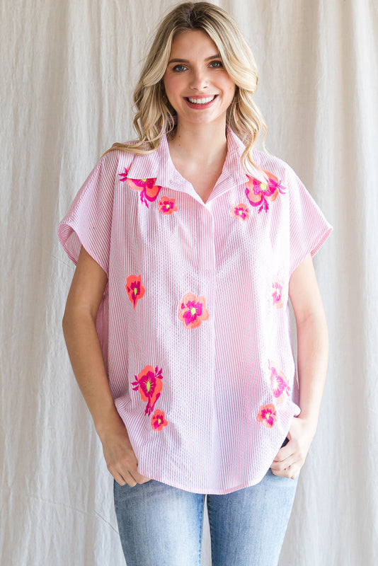 Striped Embroider Flower Top | Pink