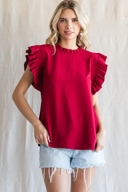 Frilled Mock Neck Top | Burgundy