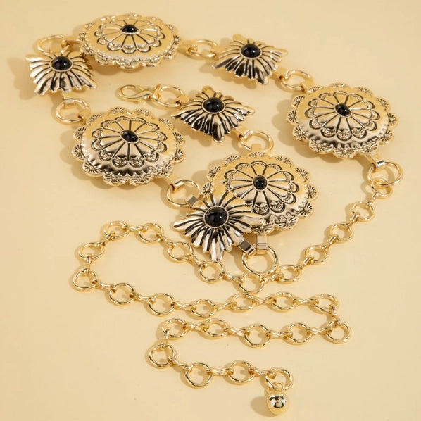 Western Turquoise Stud Floral Belt | Black/Gold